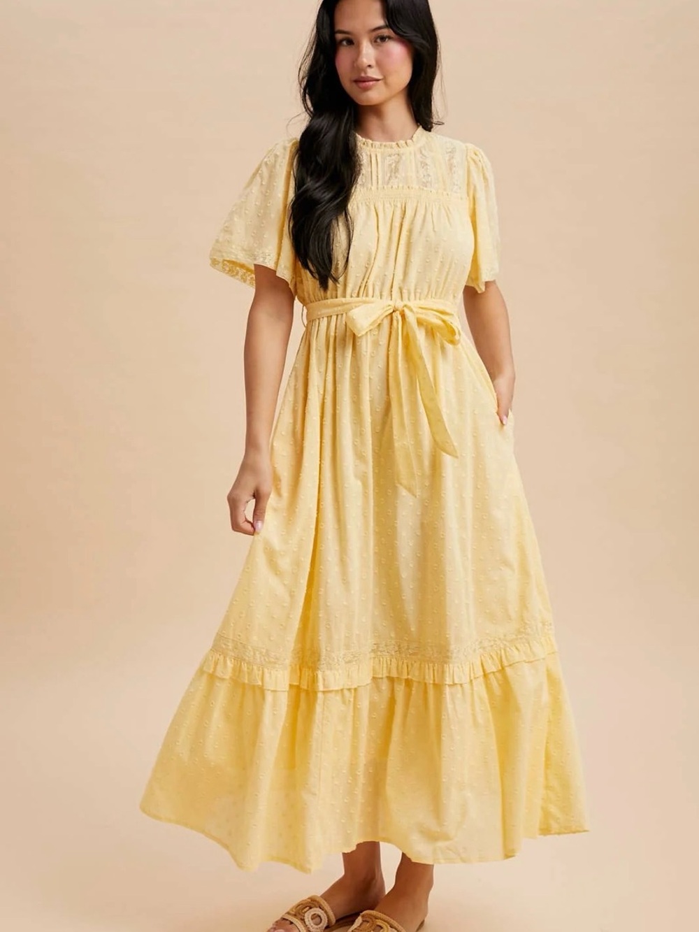 SWISS DOT FLUTTER SLEEVE MAXI DRESS: LEMON WATER